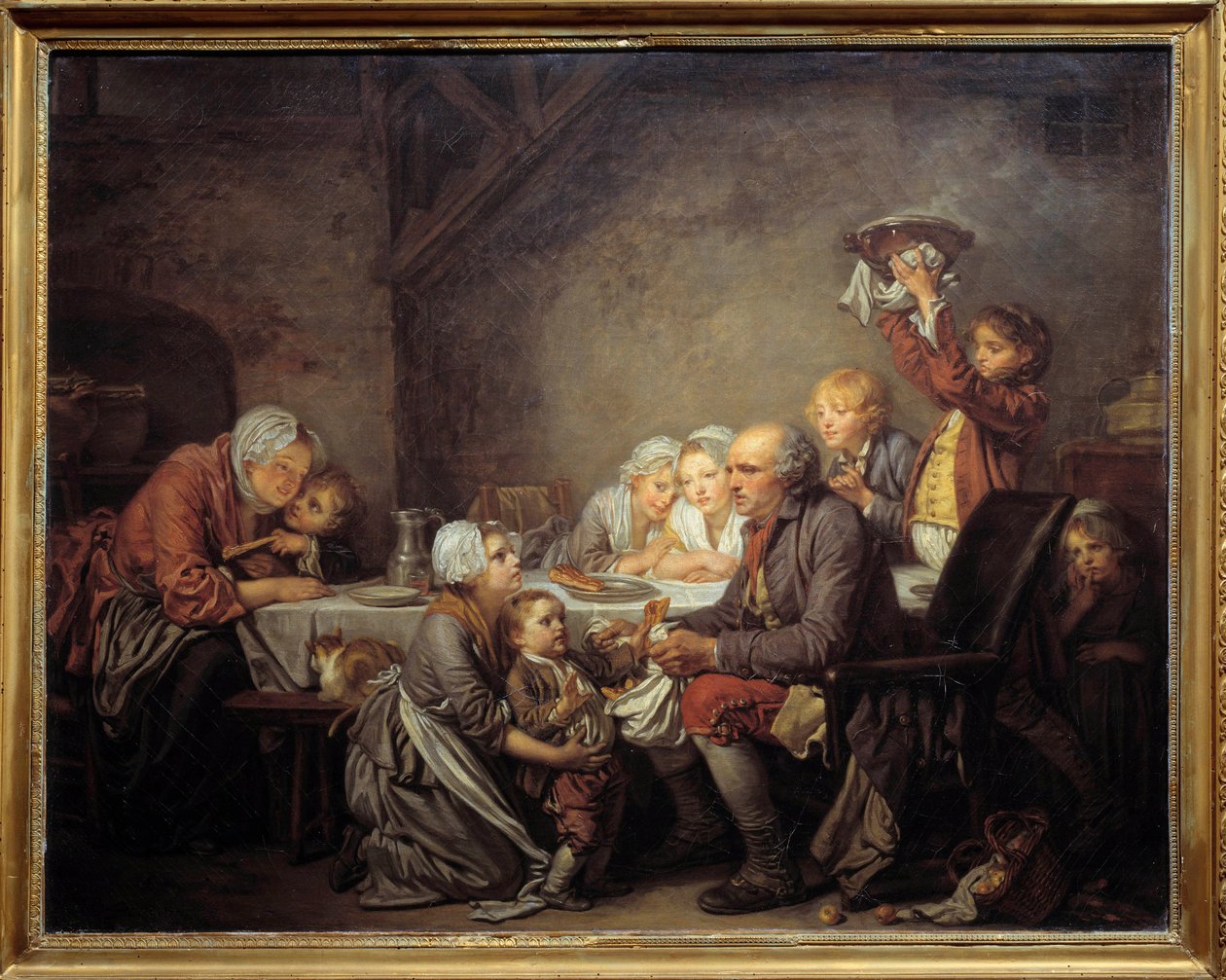 The Kings cake En familie som deler kaken på helligtrekongerfesten. Maleri av Jean Baptiste Greuze (1725-1805) 1774 Søn. 0,72x0,91 m Montpellier musee Fabre av Jean Baptiste Greuze