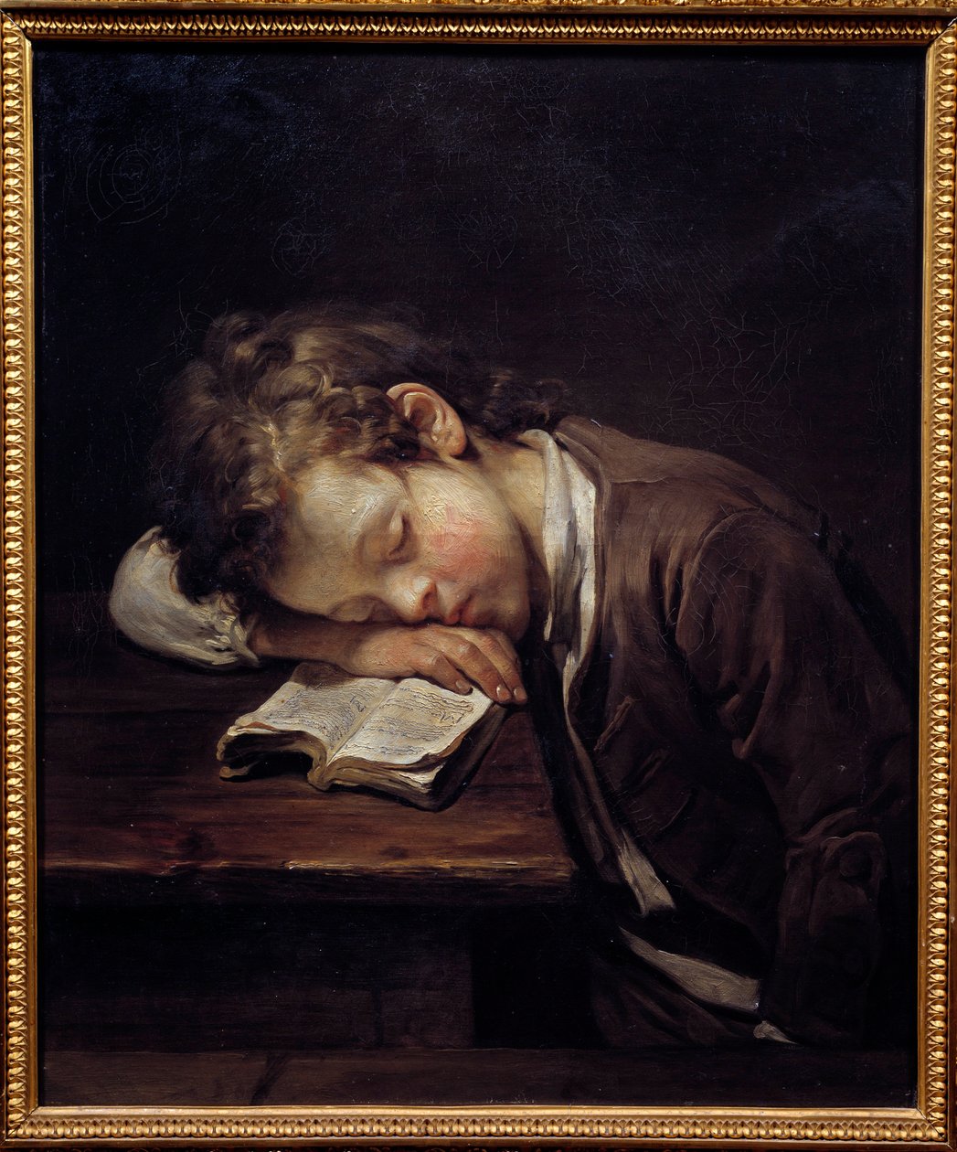 Den late lille. Portrett av en ung gutt som drepte på boken sin. Maleri av Jean Baptiste Greuze (1725-1805) av Jean Baptiste Greuze