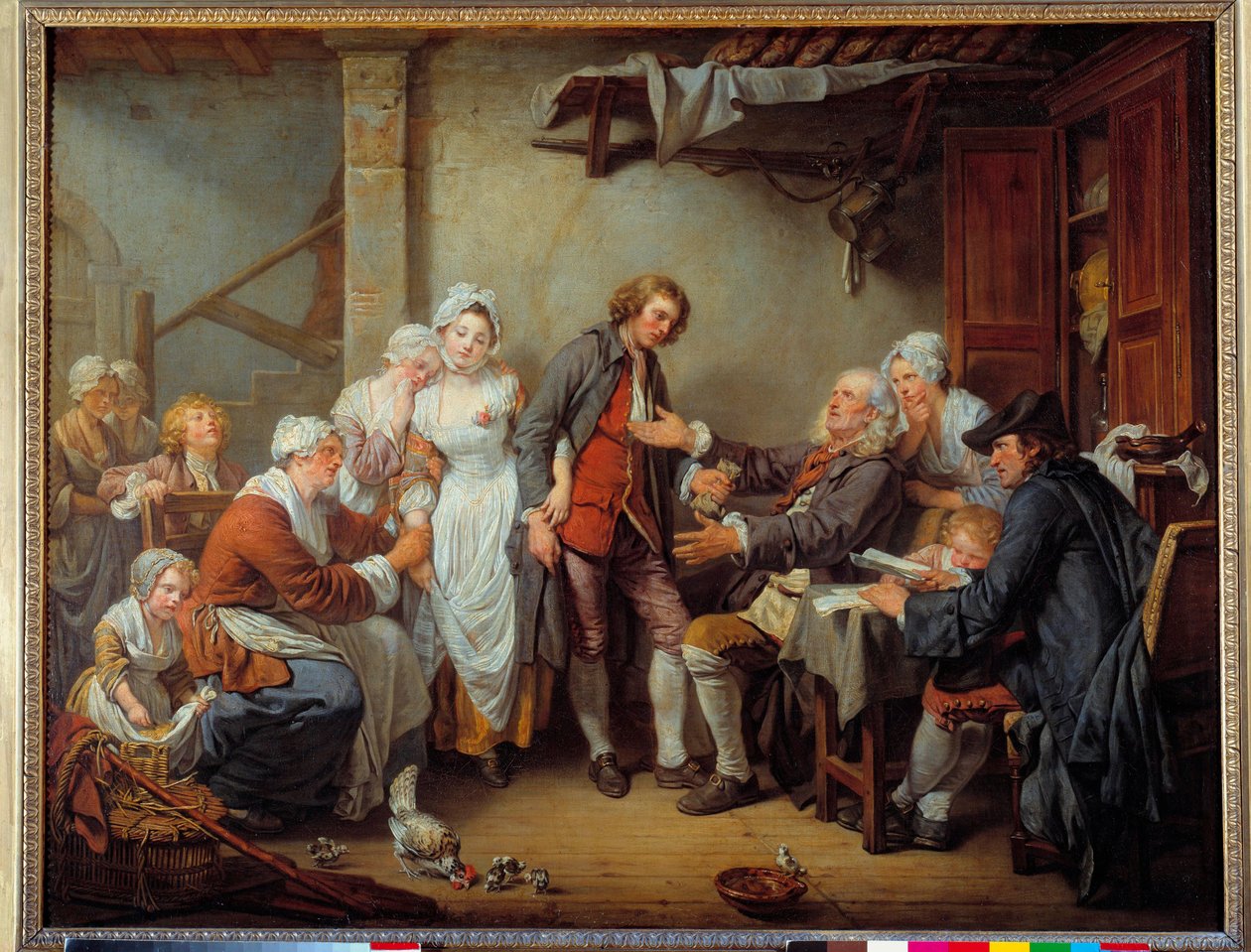 Landsbyens godkjenner Brudens far gir godbiten til sin svigersønn. Maleri av Jean Baptiste Greuze (1725-1805). 1761 søn. 0,92 x 1,17 m. av Jean Baptiste Greuze