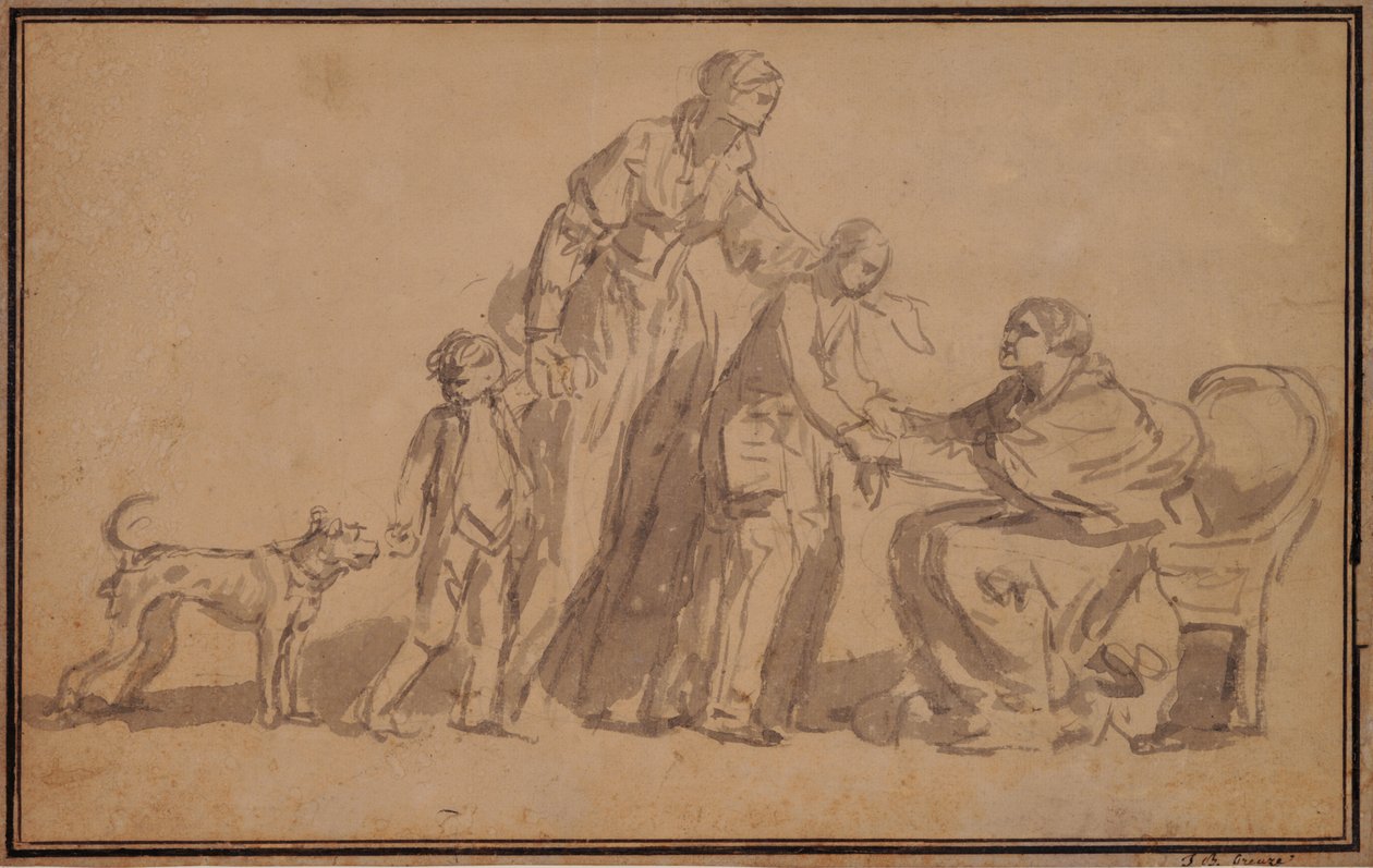 To barn og mor ønsket velkommen av en gammel sykepleier av Jean Baptiste Greuze