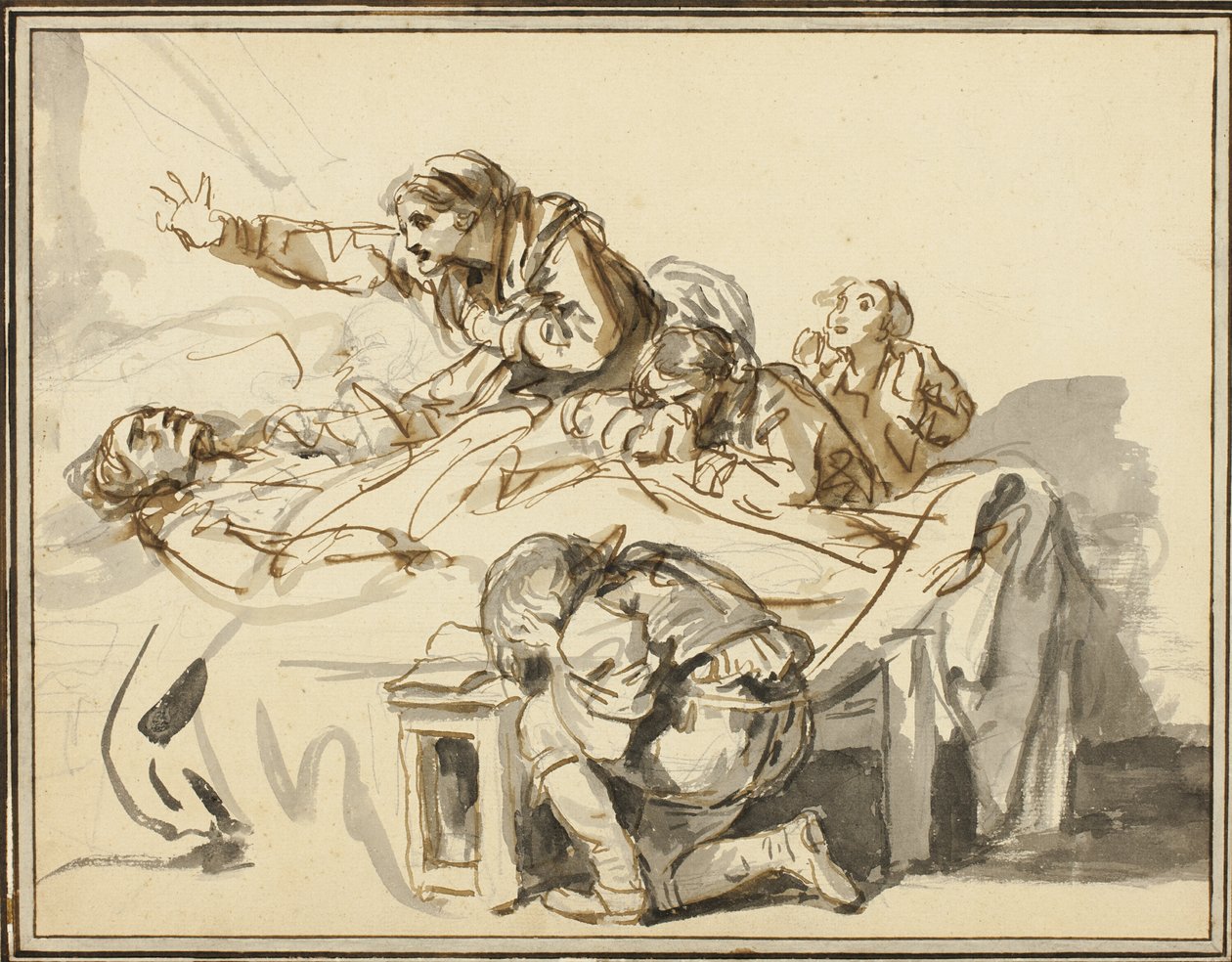 Kvinner og barn som sørger over en død mann av Jean Baptiste Greuze