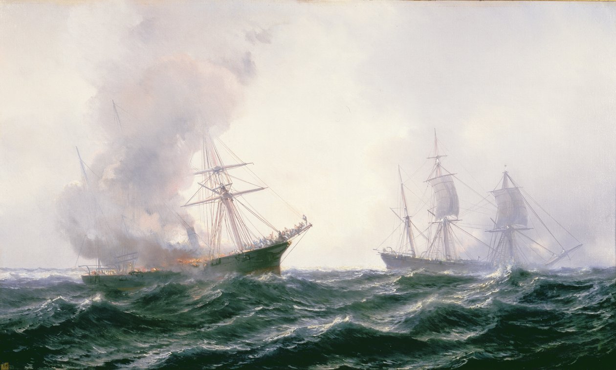 Et skip i brann på havet, med et annet stående av Jean Baptiste Henri Durand Brager