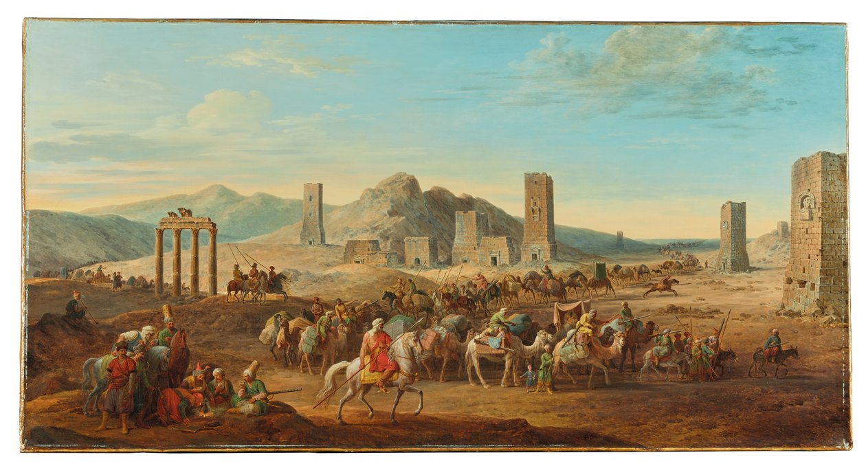 To campingvogner ved inngangen til dalen som fører til Palmyra av Jean Baptiste Hilair