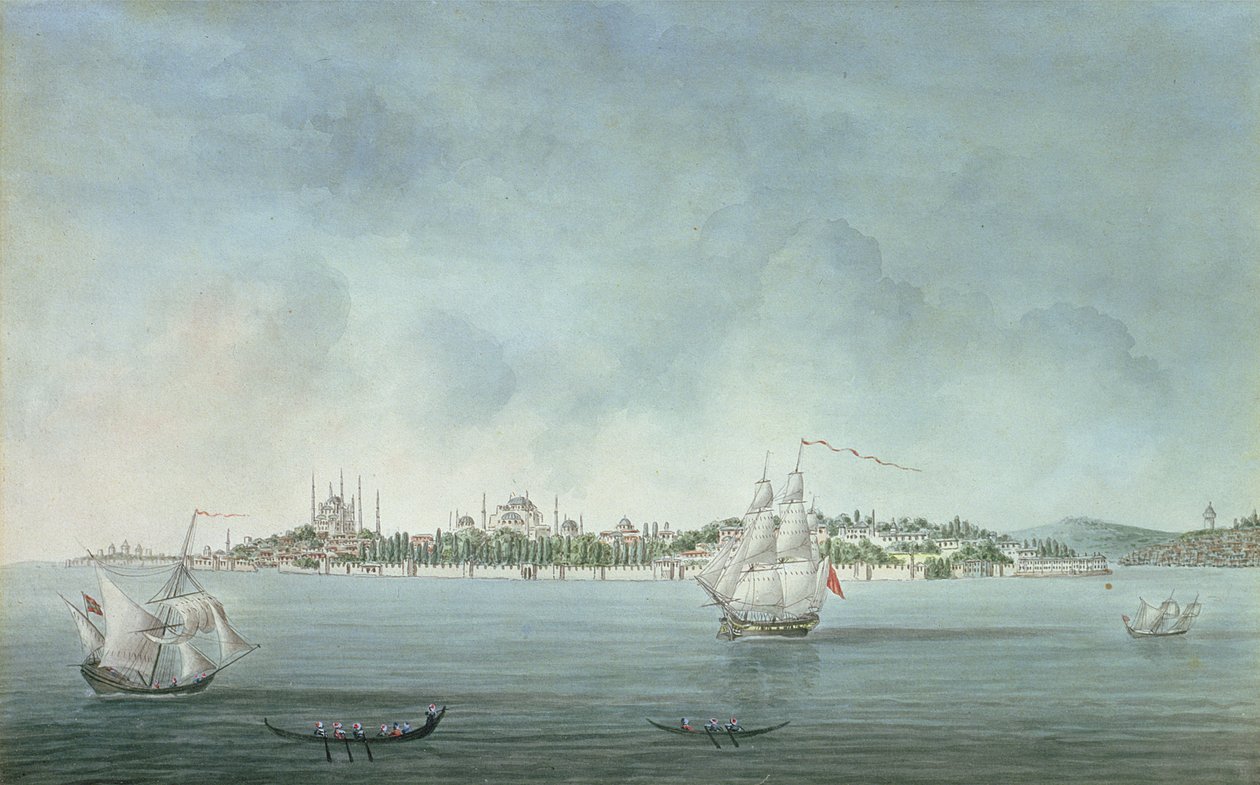Utsikt over Sultan Ahmet og Santa Sophia fra Uskudar, i Konstantinopel av Jean Baptiste Hilair