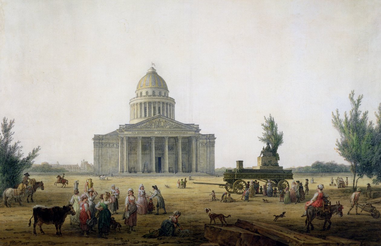 Utsikt over Pantheon i Paris med en vogn som bærer en statue av Jean-Jacques Rousseau (1712-78), ca. 1792 av Jean Baptiste Hilair