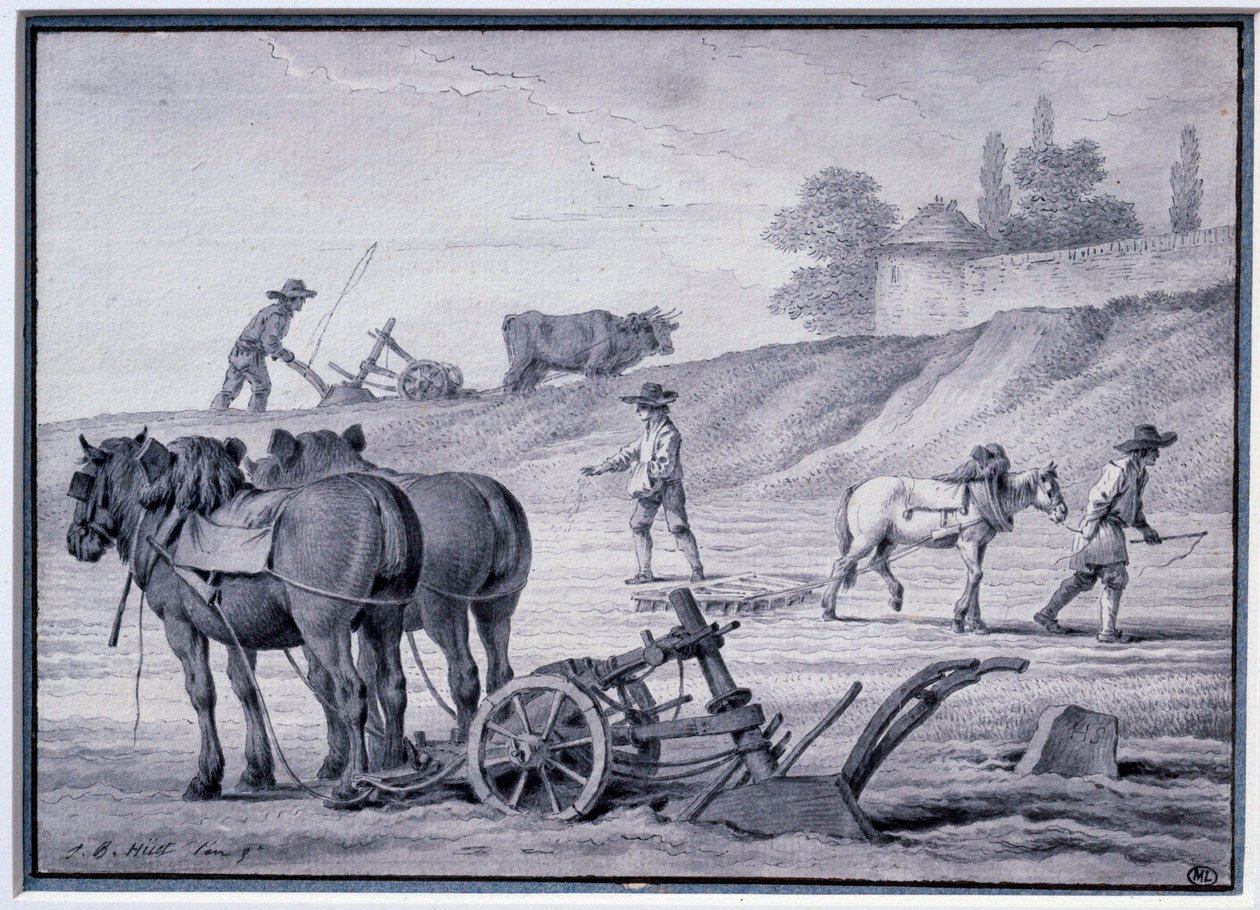 Landbruk: pløyescene. Tegning av Jean Baptiste Huet (1745-1811) Paris fra 1700-tallet, Louvre-museet av Jean Baptiste Huet