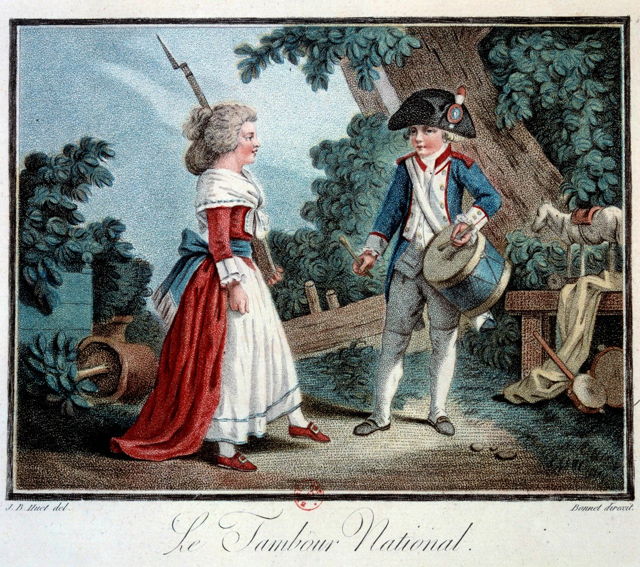 Fransk revolusjon: "" Le tambour national"" To små barn forkledd seg som revolusjonære. Litografi av Jean Baptiste Huet (1745-1811) Paris fra 1700-tallet, dekorativ kunst av Jean Baptiste Huet