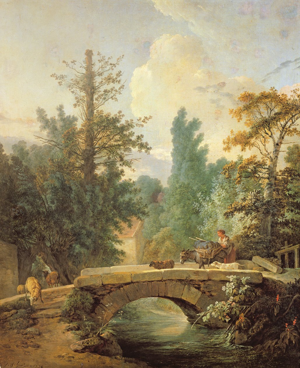 Bonden og eselet hennes krysser en bro, 1775 av Jean Baptiste Huet