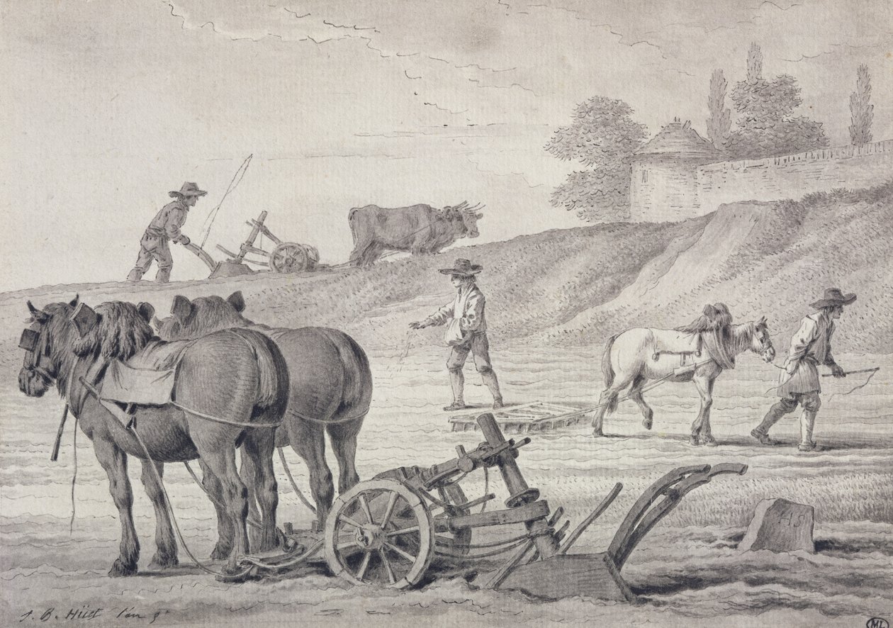 Pløying av åkrene (penn og blekk og vask på papir) av Jean Baptiste Huet