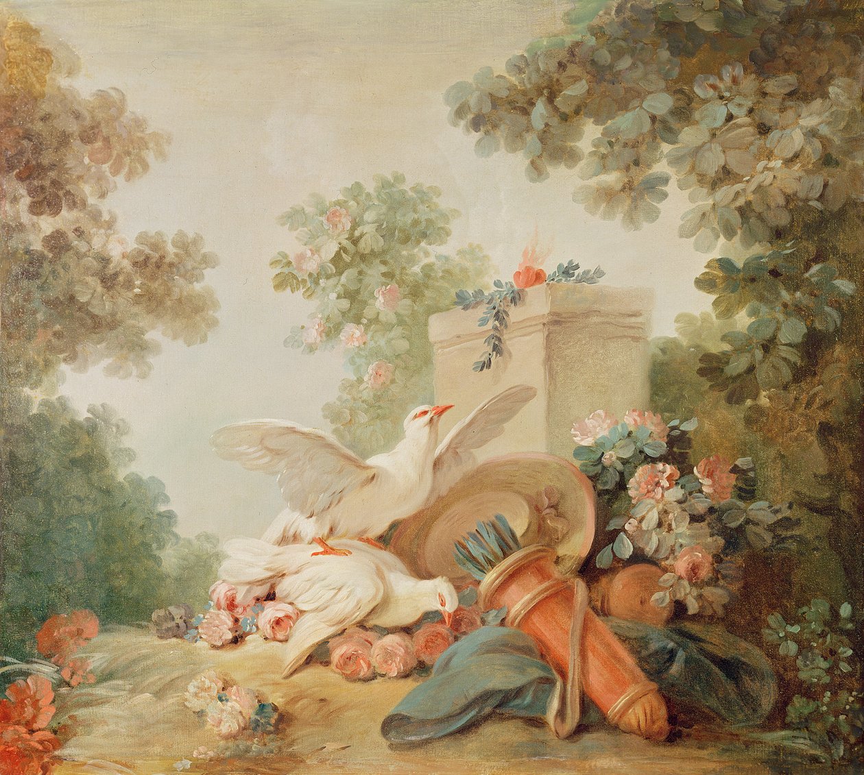 Salon til trykkerien Gilles Demarteau, over døren: duer, en kogger og en stråhatt, ca. 1750-65 av Jean Baptiste Huet
