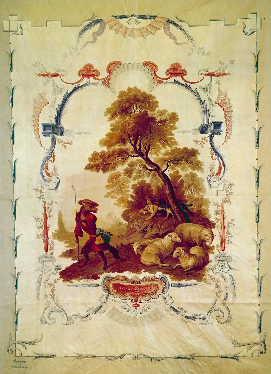Ulven ble gjeter Illustrasjon for fabelen av Jean de La Fontaine. Tapetet av Jean Baptiste Huet (1745-1811) laget av Beauvais-produsentene. Paris fra 1700-tallet, nasjonale møbler. av Jean Baptiste Huet