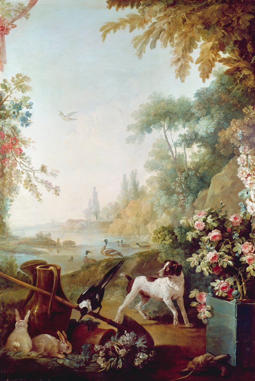 To kaniner, en skjære og en hund, fra salongen til Gilles Demarteau (1722-76) av Jean Baptiste Huet
