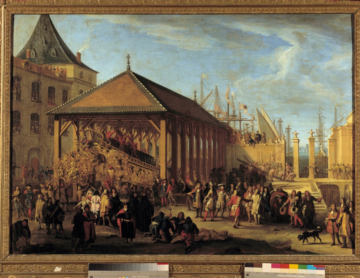 Jean Baptiste (Jean-Baptiste) Colbert (1651-1690) Marquis de Seignelay og Louis Victor (Louis-Victor) de Rochechouart, hertug av Mortemart og Vivonne (1636-1688), general for galeres og admiral for marinen i Levanten , besøker Galere Reale ”unde av Jean Baptiste I de La Rose