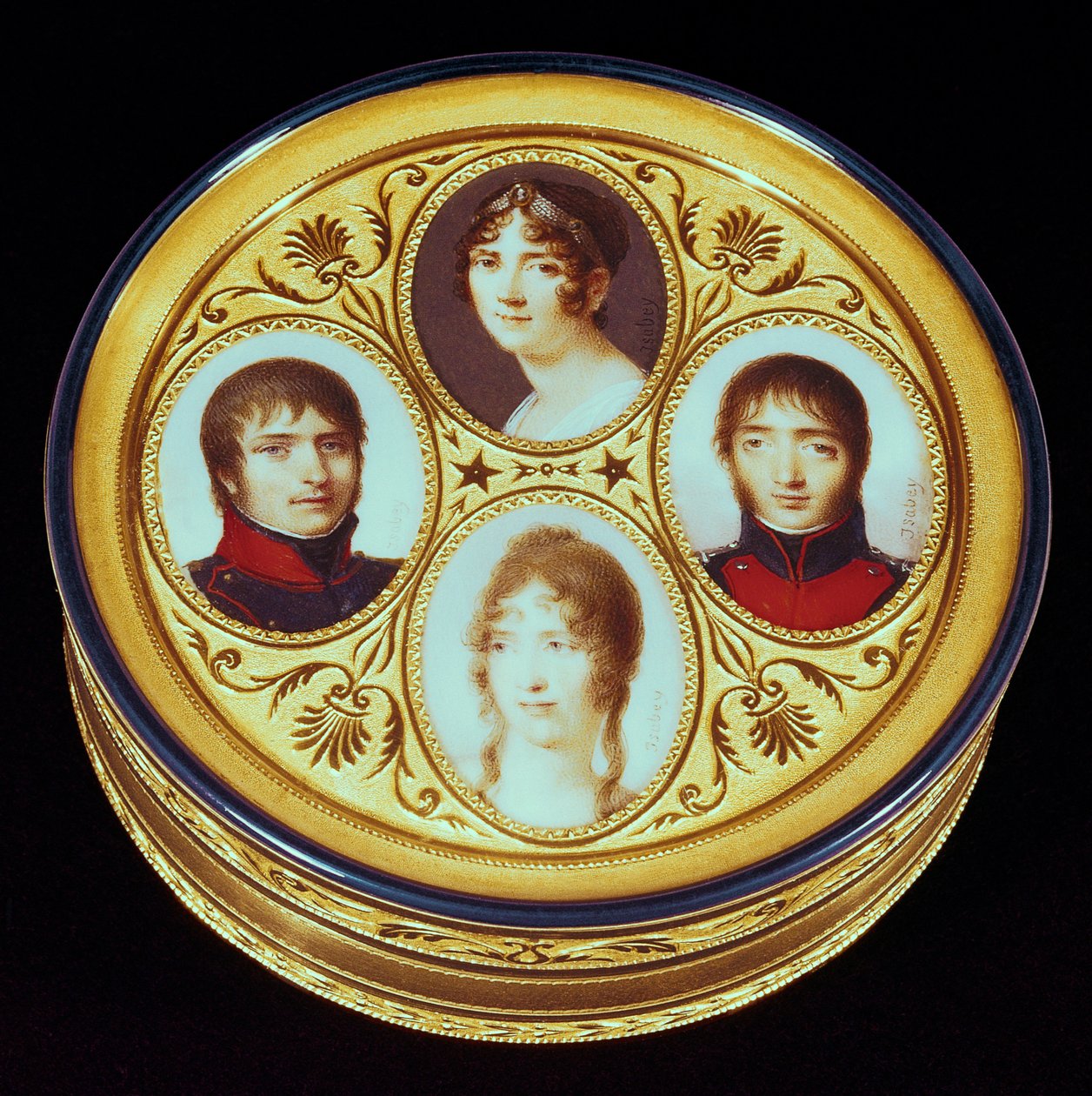 Bonbonniere med portretter av Eugene (1781-1824) Hortense (1783-1837) og Josephine Beauharnais (1763-1814) og Louis Bonaparte (1778-1846) (gull, elfenben og emalje) av Jean Baptiste Isabey