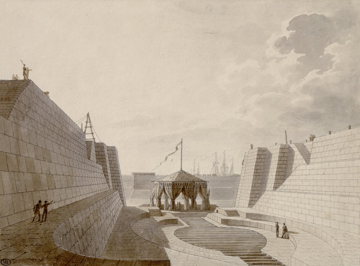 Tørrdokking i Cherbourg, juli 1813 (penn, blekk og wc på papir) av Jean-Baptiste Isabey