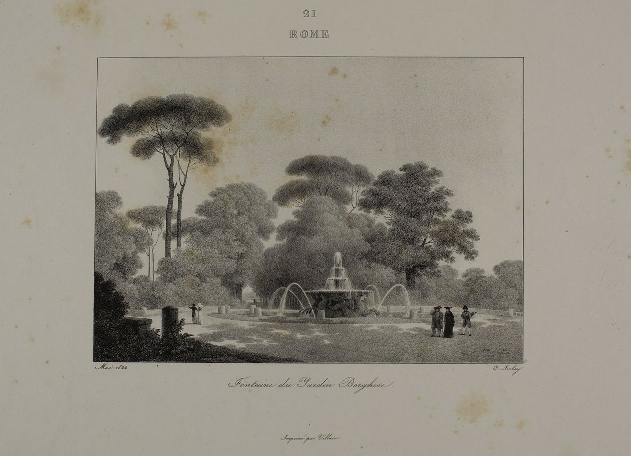 Fontene i hagen til Villa Borghese, Roma av Jean Baptiste Isabey