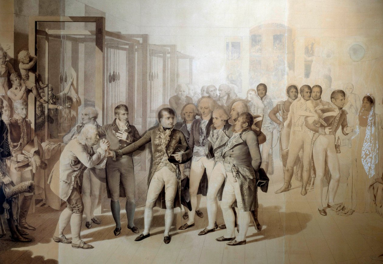 Napoleon Bonaparte (1769-1821), førstekonsul, i nærvær av Josephine de Beauharnais, besøker fløyelsfabrikken til de syv brødrene i Rouen, november 1802. Tegner i vasken til Jean Baptiste Isabey (1767-1855) 1804 Søn. 1,24x1,76 m Versailles, mu av Jean Baptiste Isabey