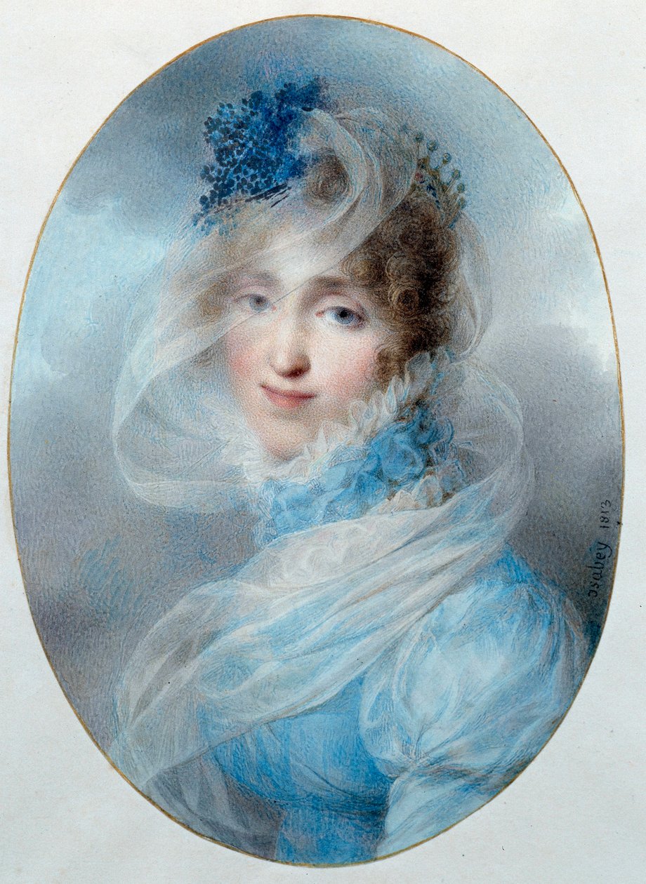 Portrett av dronning Hortense de Beauharnais (1783-1837) Hun er datter av imponen Josephine de Beauharnais og mor til fremtidens Napoleon III. Akvarell av Jean Baptiste Isabey (1767-1855) 1813 Søn. 0,13x0,95 m Malmaison, musee du chateau av Jean Baptiste Isabey