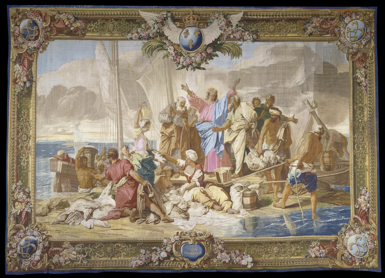 ""Det mirakuløse fiske"" Det nye testamente hengende i ull og silke Manufacture royale des Gobelins, verksted til Jean Lefebvre, etter Jean Jouvenet (1644-1717) av Jean Baptiste Jouvenet