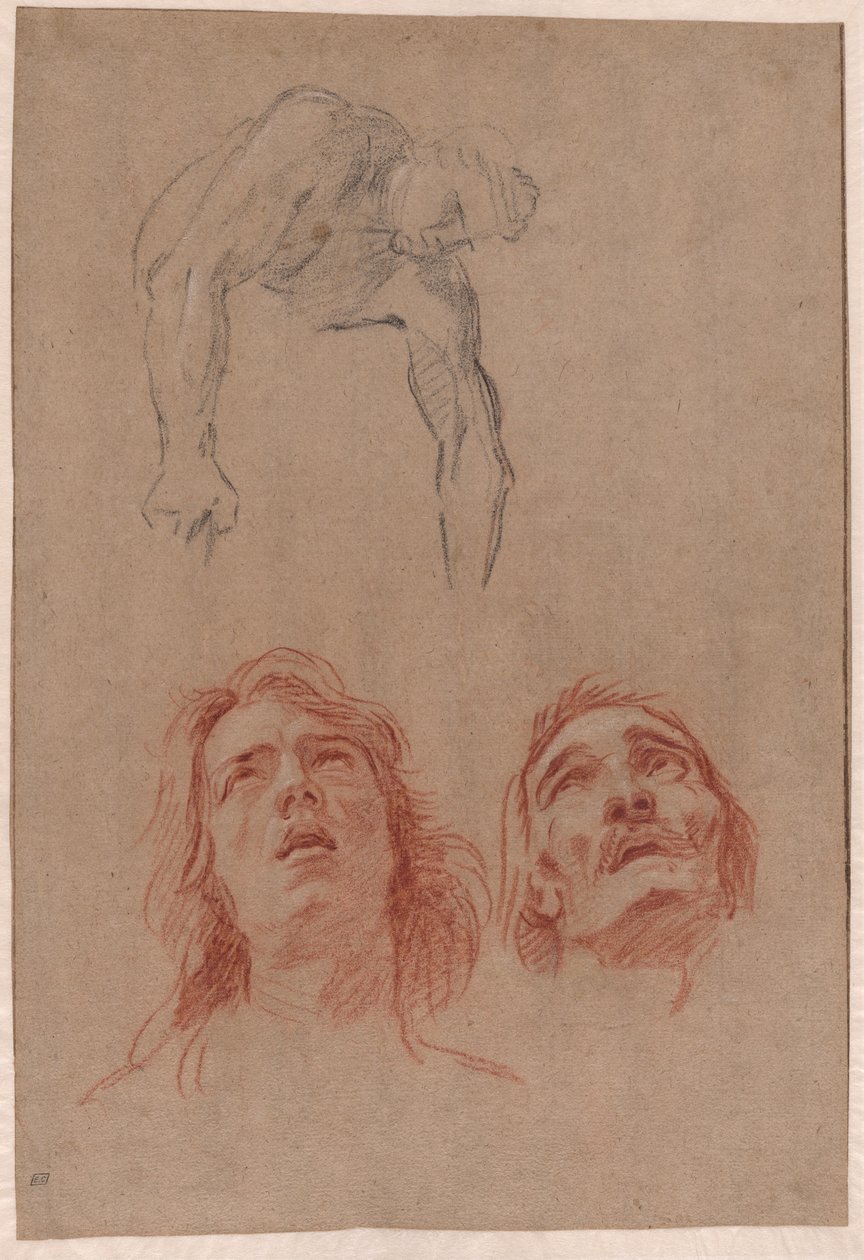 Mann som strekker seg ned og to studier av hoder (recto) av Jean Baptiste Jouvenet