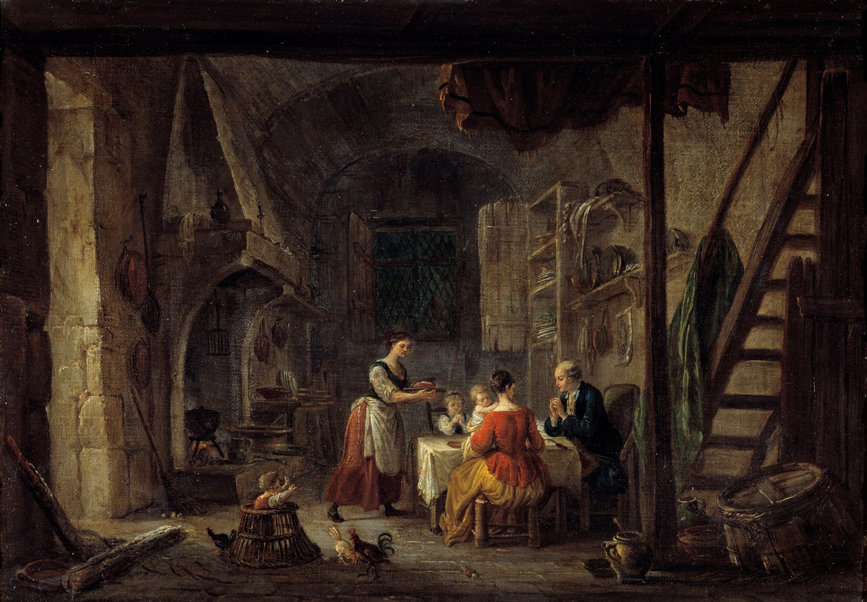 Benedicite Scene av måltid i en familie av bønder, bønnen. Maleri av Jean Baptiste Lallemant (1710-1803) Bourg en bresse fra 1700-tallet, Musee de Brou av Jean Baptiste Lallemand
