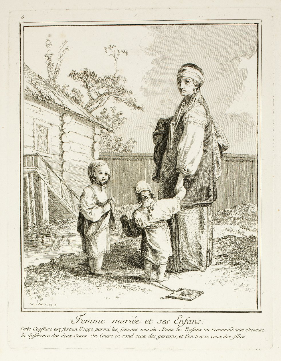 Gift Woman and her Children, plate fem fra Divers Habillements des Peuples du Nord av Jean Baptiste Le Prince