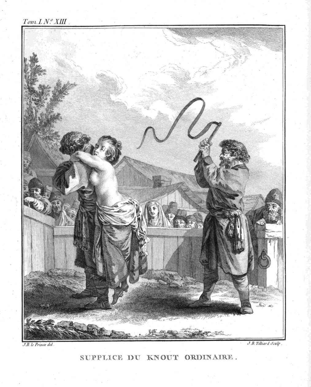 Straff av Natalia Fyodorovna Lopukhina med en vanlig knute. Fra Voyage en Sibérie, 1766 av Jean Baptiste Le Prince