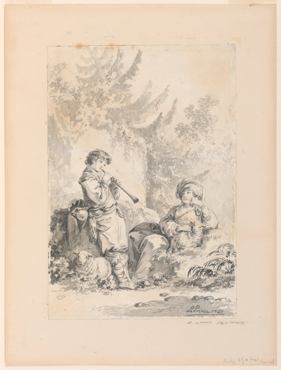 Hyrdegutt og gjeterinne i et landskap av Jean Baptiste Le Prince