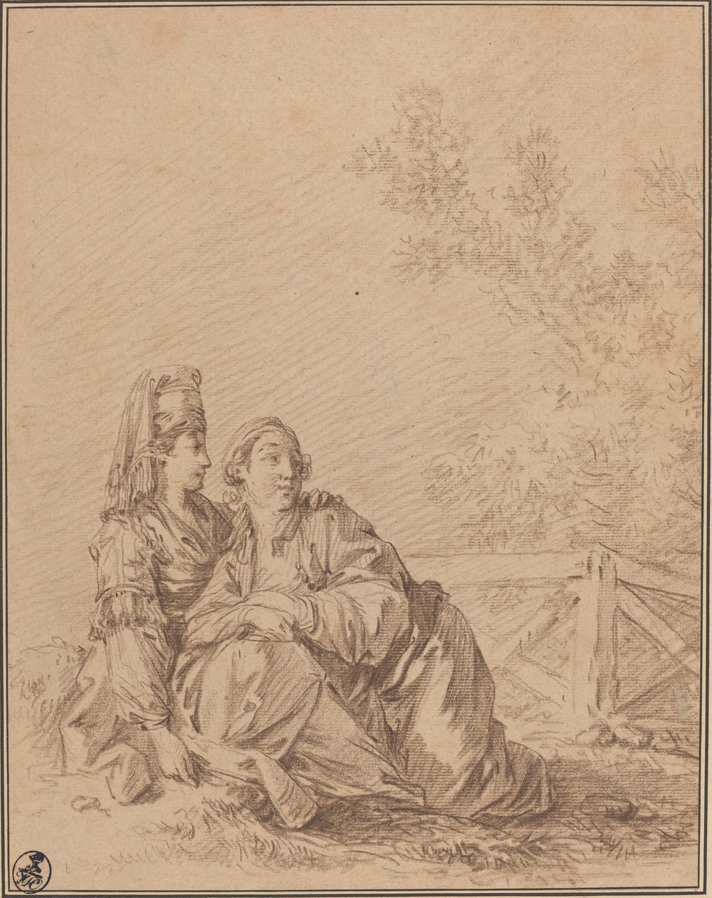 To russere sitter i landskapet av Jean Baptiste Le Prince
