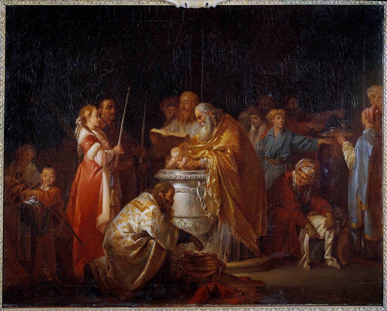 Russisk dåp En ortodoks pave døper et barn foran sine foreldre. Maleri av Jean Baptiste Leprince (1733-1781) 1765 Søn. 0,73x0,92 m av Jean Baptiste Leprince
