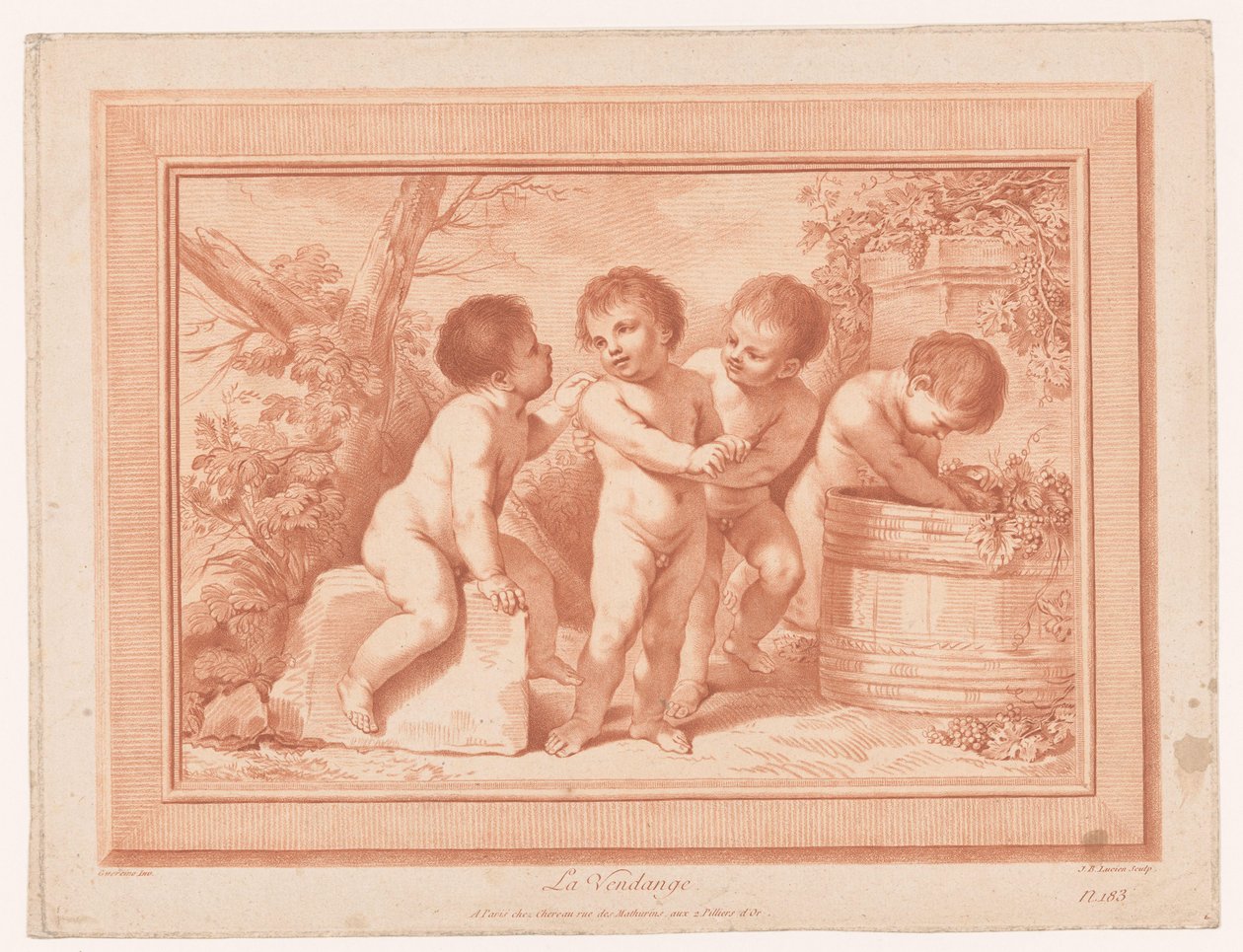 Fire putti med en vintønne La Vendange (tittel på objekt) av Jean Baptiste Lucien