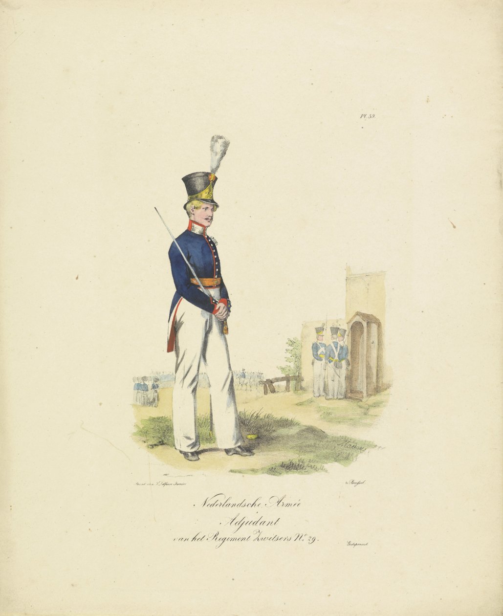 Adjutant for det sveitsiske regimentet, 1820-1825 Nederlandsche Armée Adjutant for Regiment Swiss No. 29 (tittel på objekt) Militære kostymer fra kongeriket Nederland. Dedikert til Hans Eksellens Willem van Bylandt (serietittel på objekt av Jean Baptiste Madou