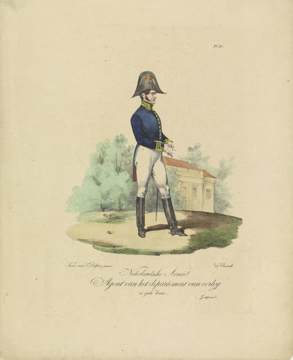 Agent for krigsdepartementet, 1820-1825 Nederlandsche Armée Agent for krigsdepartementet i kjole (tittel på objekt) Militære kostymer fra kongeriket Nederland. Dedikert til Hans Eksellens Willem van Bylandt (serietittel av Jean Baptiste Madou
