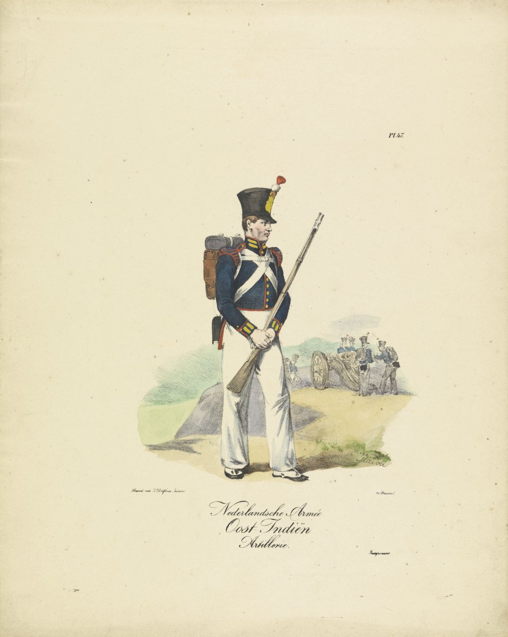 Artillerist fra den nederlandske østindiske hæren, 1820-1825 Nederlandsche Armée Oost-Indisch Artillerie (tittel på objekt) Militære kostymer fra kongeriket Nederland. Dedikert til Hans eksellens Willem van Bylandt (serietittel på objekt) av Jean Baptiste Madou