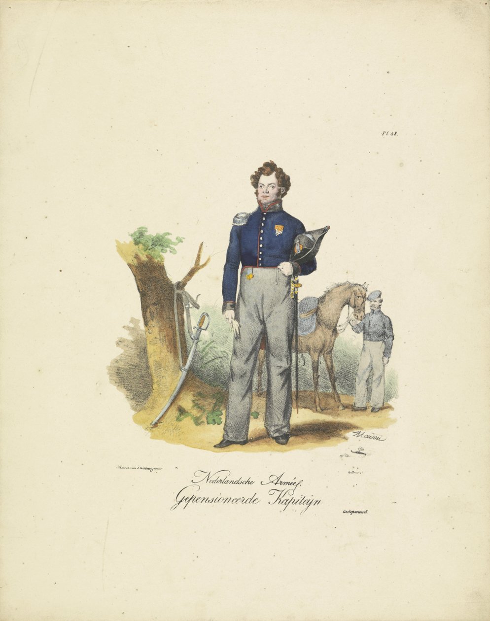 Pensjonert kaptein, 1820-1825 Nederlandsche Armée, pensjonert Kapiteyn (tittel på objekt) Militære kostymer fra kongeriket Nederland. Dedikert til Hans eksellens Willem van Bylandt (serietittel på objekt) av Jean Baptiste Madou