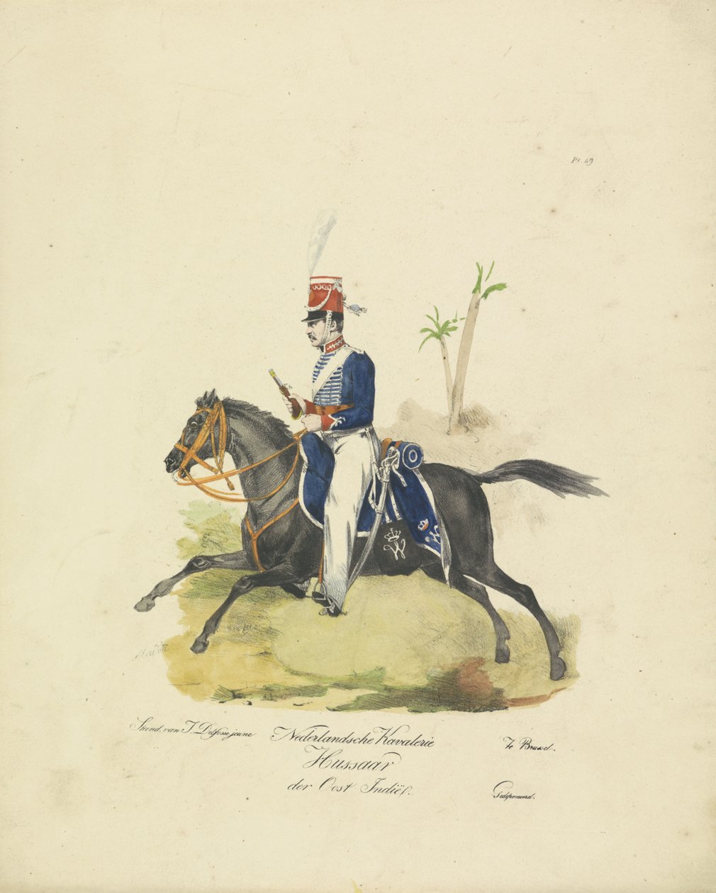 Husar fra den nederlandske Øst-India-hæren, 1820-1825 Nederlandsk Kavalerie Hussar fra Øst-India (tittel på objekt) Militære kostymer fra kongeriket Nederland. Dedikert til Hans eksellens Willem van Bylandt (serietittel på objekt) av Jean Baptiste Madou
