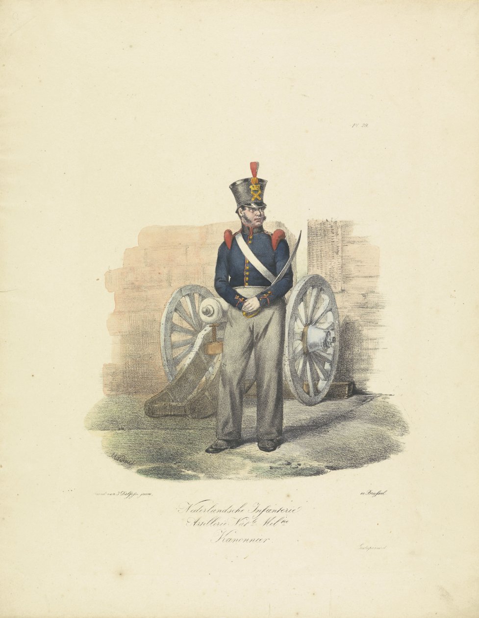 Gunner, 1820-1825 Nederlandsche Infanterie Artillerie Nat.le Mil.tie Kanonnier (tittel på objekt) Militære kostymer fra kongeriket Nederland. Dedikert til Hans eksellens Willem van Bylandt (serietittel på objekt) av Jean Baptiste Madou