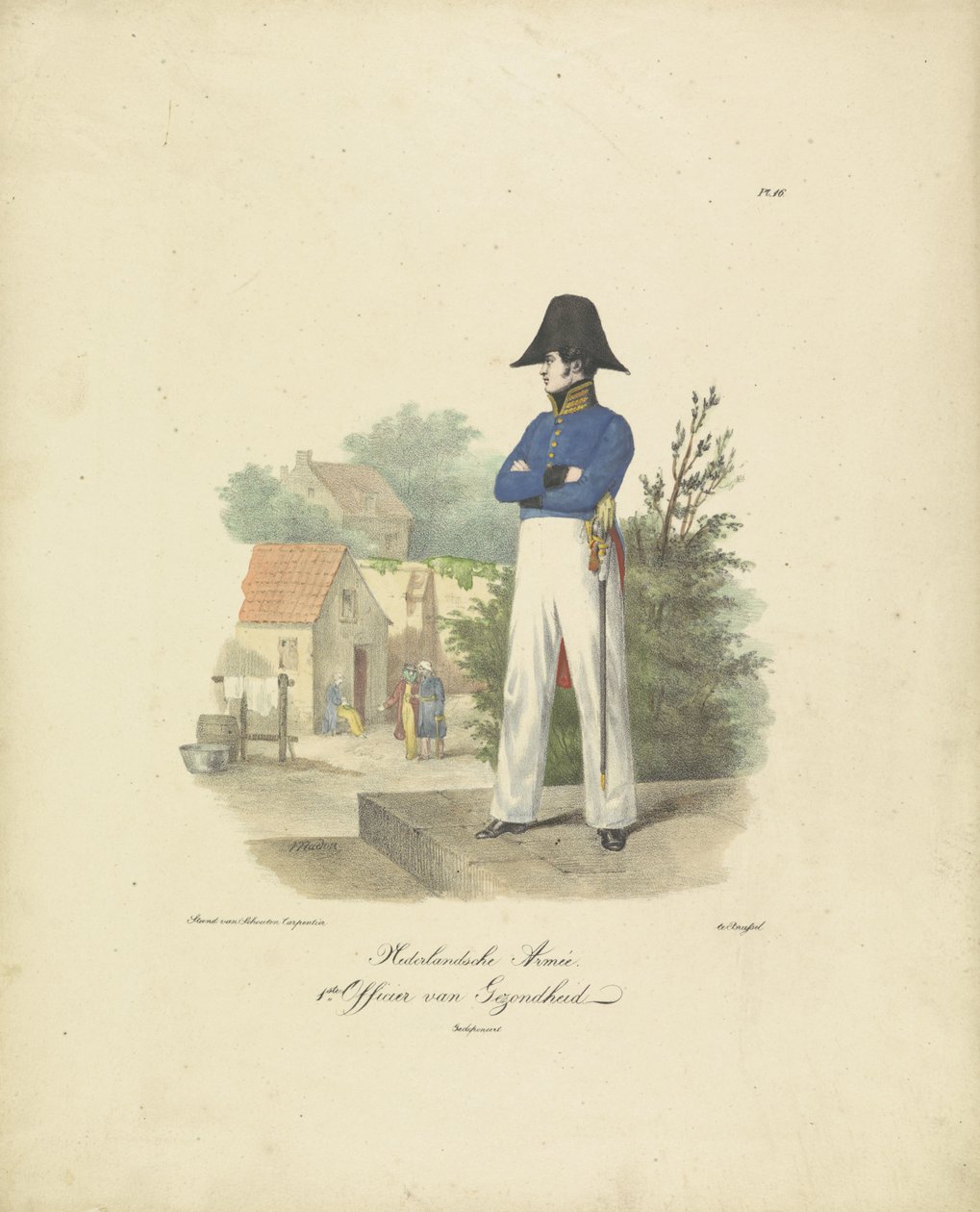 Helseoffiser, 1820-1825 nederlandsk hær. 1. helseoffiser Militære kostymer fra kongeriket Nederland. Dedikert til Hans eksellens Willem van Bylandt (serietittel på objekt) av Jean Baptiste Madou