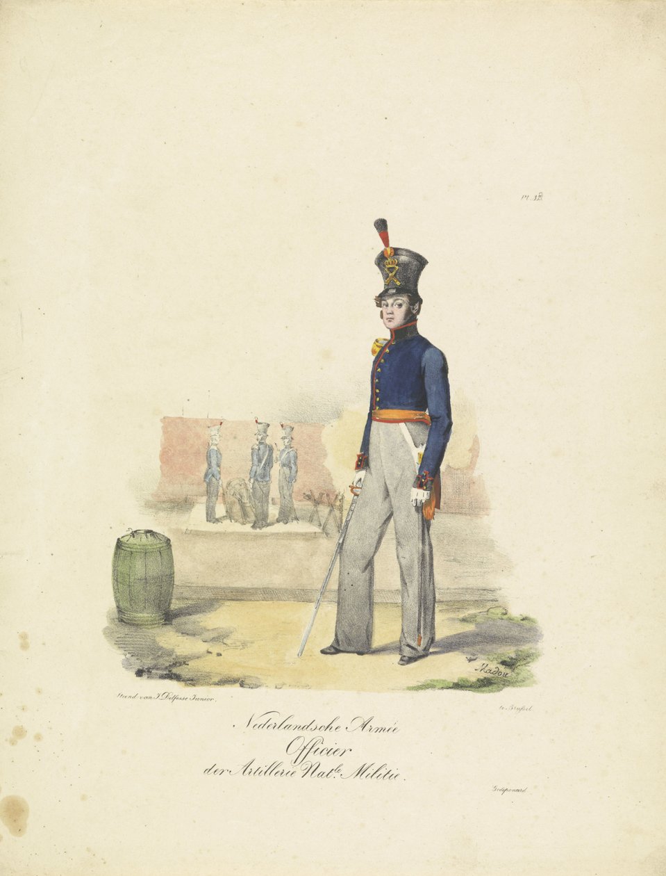 Offiser for artilleri, 1820-1825 Nederlandsche Armée Officier der Artillerie Nat.le Militie (tittel på objekt) Militære kostymer fra kongeriket Nederland. Dedikert til Hans eksellens Willem van Bylandt (serietittel på objekt) av Jean Baptiste Madou