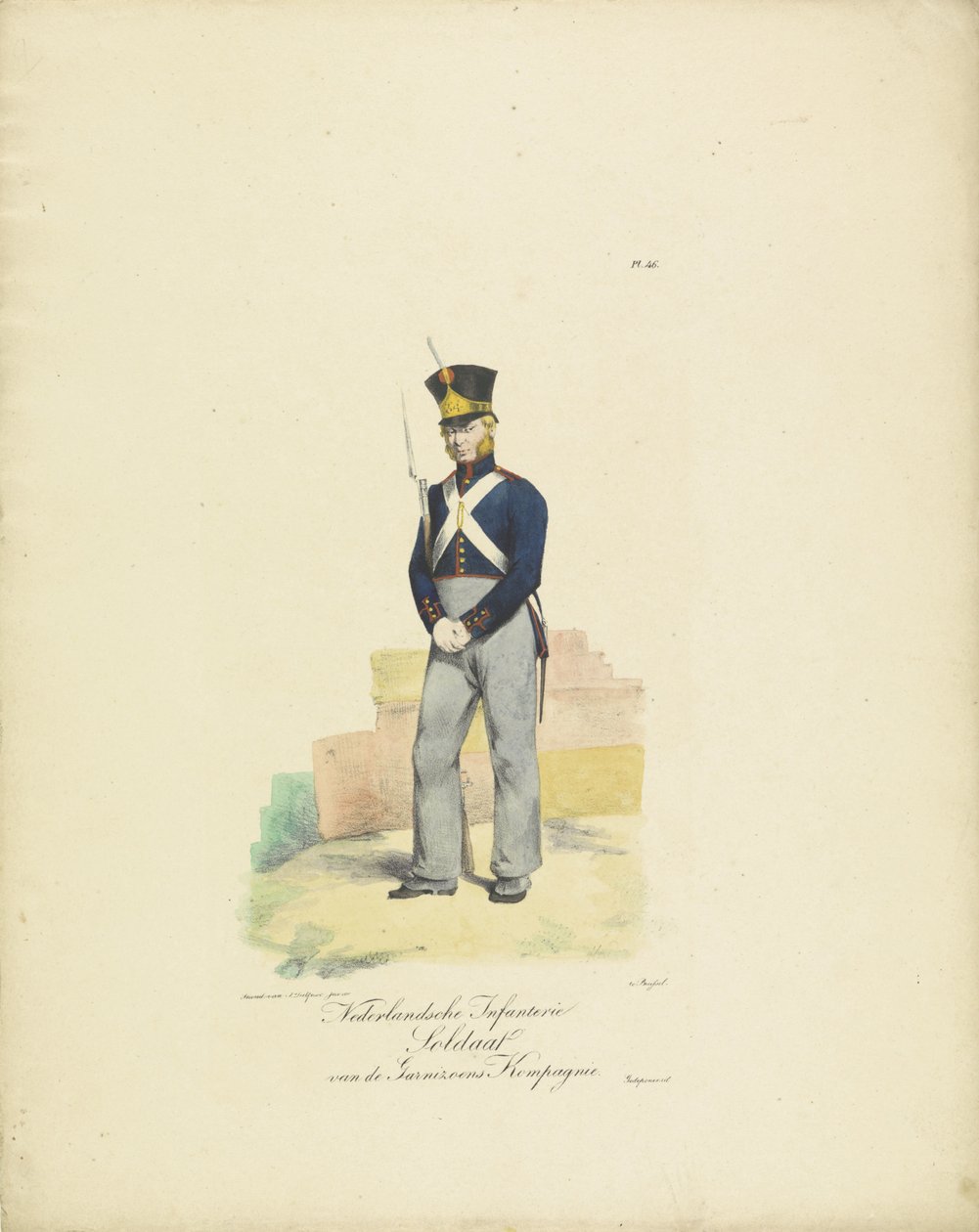 Soldat Garnison Company, 1820-1825 Dutch Infantry Soldier of the Garrison Company (tittel på objekt) Militære kostymer fra kongeriket Nederland. Dedikert til Hans eksellens Willem van Bylandt (serietittel på objekt) av Jean Baptiste Madou