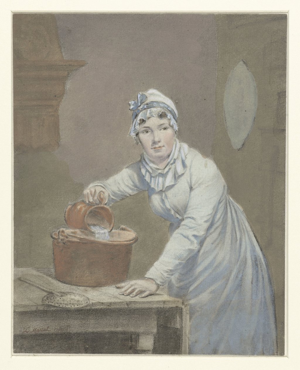 Hushjelp heller melk i en panne av Jean Baptiste Mallet (possibly)