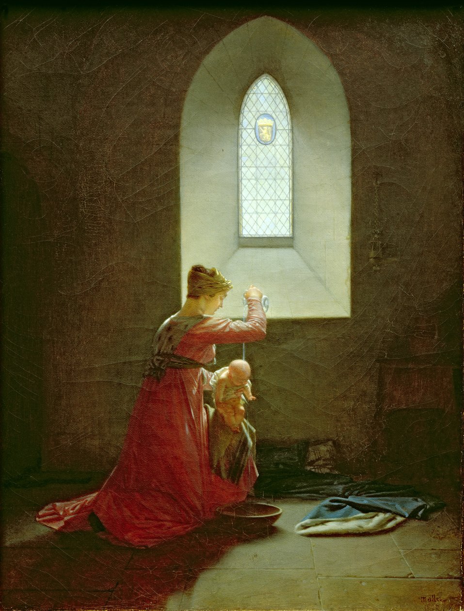 Genevieve av Brabant døper sønnen sin i fengselet av Jean Baptiste Mallet