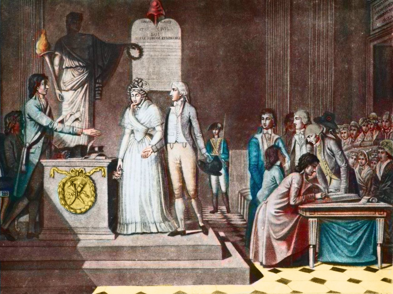 The Republican Marriage - Republican Marriage - after the Aquatinte by Jean-Baptiste Mallet (1759-I835) - 18th century av Jean Baptiste Mallet