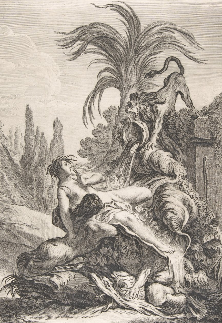 The Frightened Naiad En rufsete Naiad trekker seg tilbake av skrekk ved synet av en løve, ca. 1740., av Jean Baptiste Marie Pierre