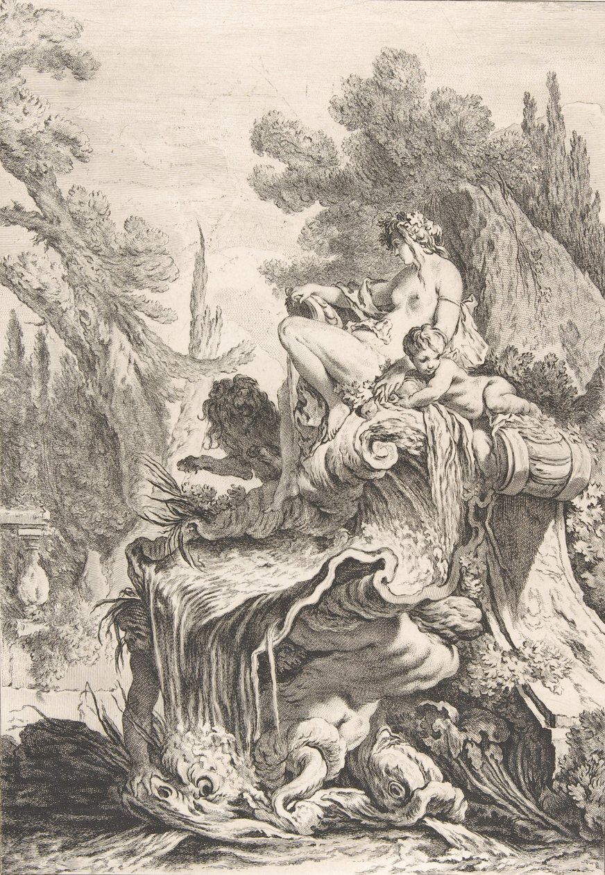 The Seated Nymph En fontene med en naiad på et konkylie, ca. 1740. av Jean Baptiste Marie Pierre