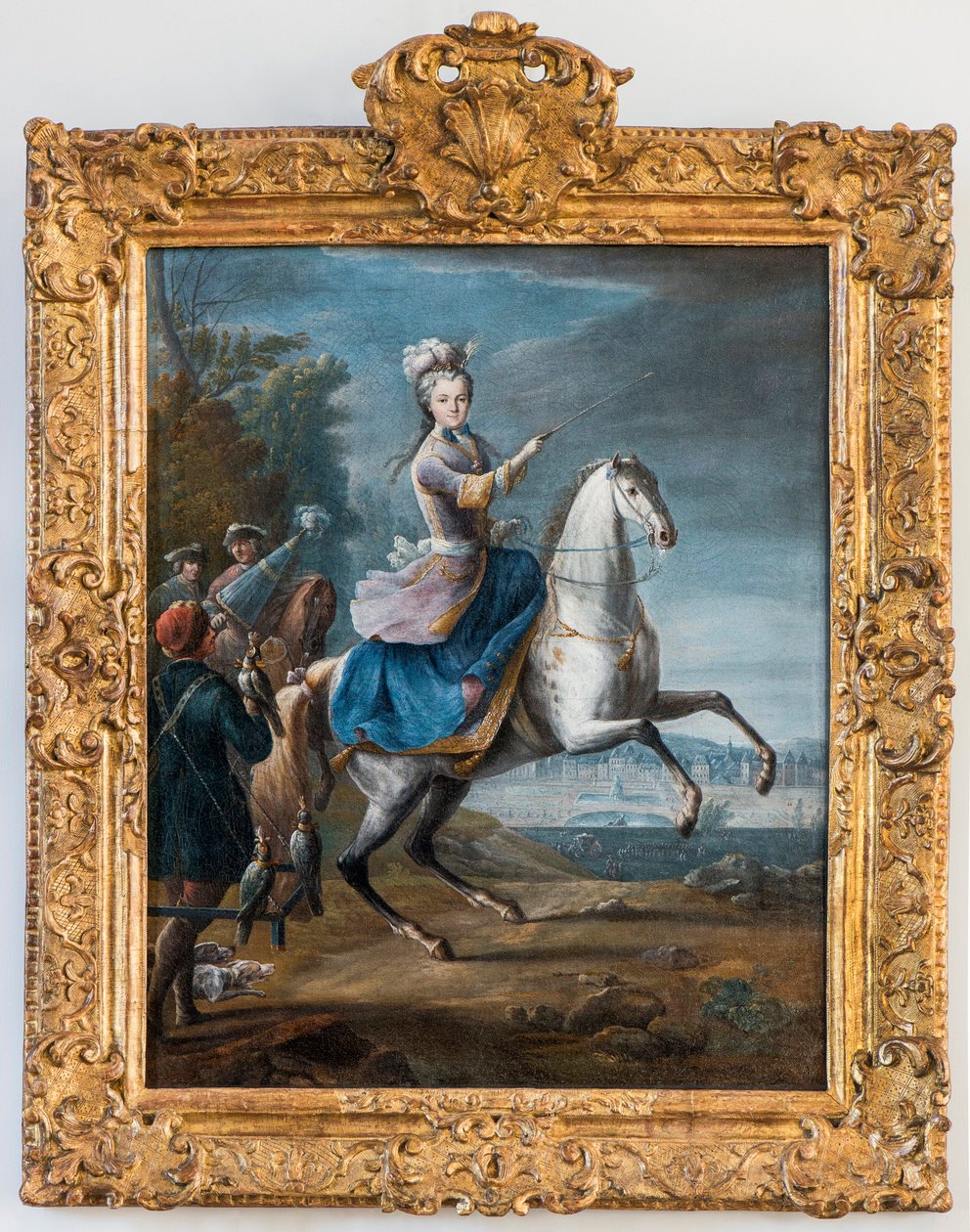 Rytterportrett av Marie Leszczynska, kone til Ludvig XV av Martin Jean Baptiste (Martin Des Battailles) (1659 - 1735). (Foucon jakter først på slottet Fontainebleau) - Musee de Sceaux. (leczinska, Leczynska, Lesczinska, Lesczynska, Leszczinska, L av Jean Baptiste Martin