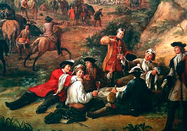 Gruppe av soldater som drikker, detalj av utsikten over hovedkvarteret til prinsen av Conti mellom San Sebastian og Hondarribia, juni 1719 (detalj av 429011) av Jean Baptiste Martin