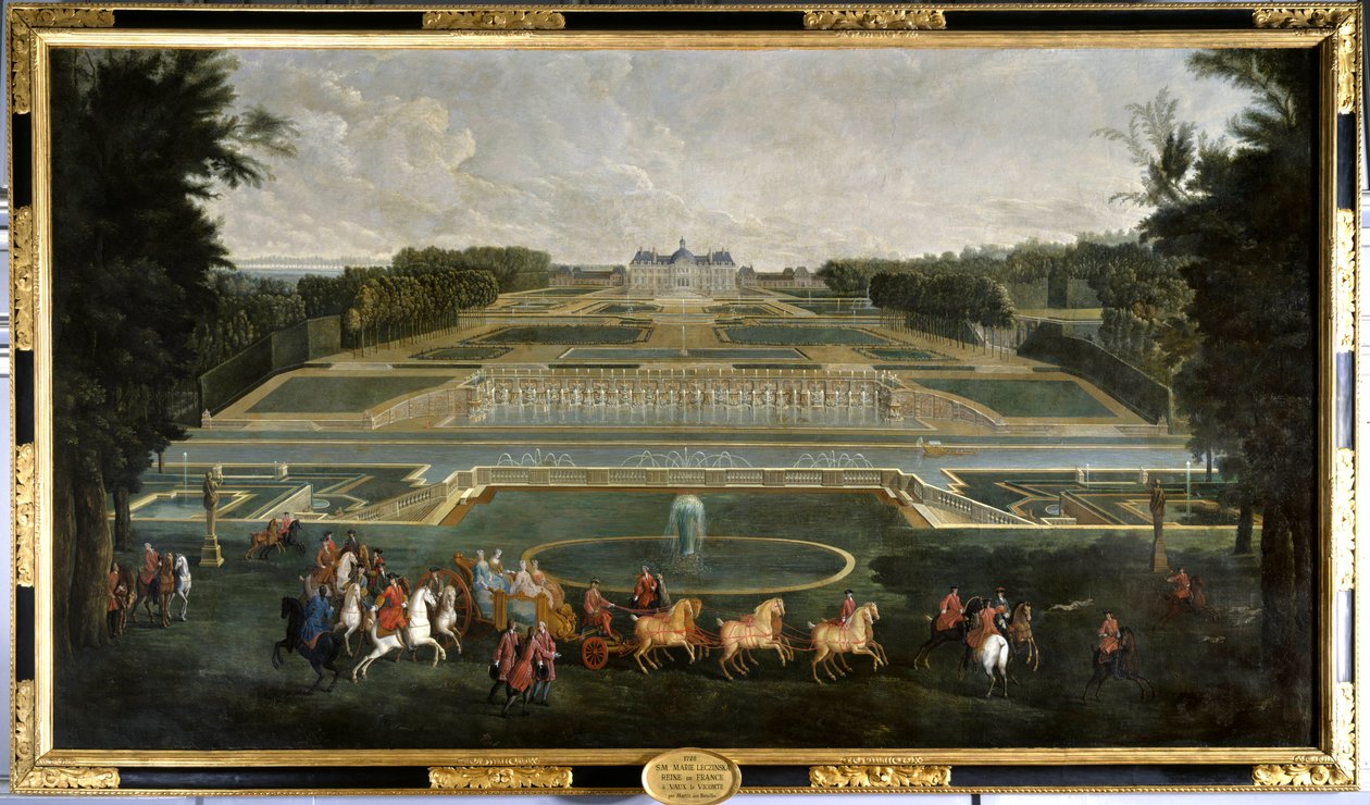 Marie Lescszinska, dronning av Frankrike (1703-1768) (Leczinska, Lescszinka, Leszinka) i hagene til slottet Vaux Le Vicomte (Vaux-Le-Vicomte) Maleri av Jean Baptiste Martin (1659-1735) 1728 Chateau De Vaux Le Du så det. - Marie Lescszinska, dronning av F av Jean Baptiste Martin