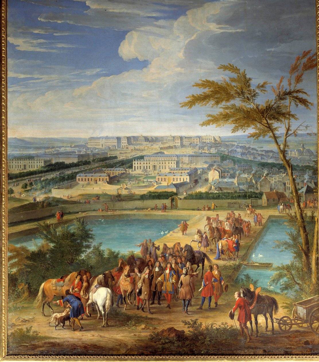 Utsikt over byen og slottet i Versailles tatt fra bakken av montbauron, Louis XIV (1638-1715) og Francois Michel le Tellier, Marquis de Louvois besøker de nye reservoarene Maleri av Jean-Baptiste Martin (den eldste) (1659-1735) ) 1600-tallet søn. 2, av Jean Baptiste Martin