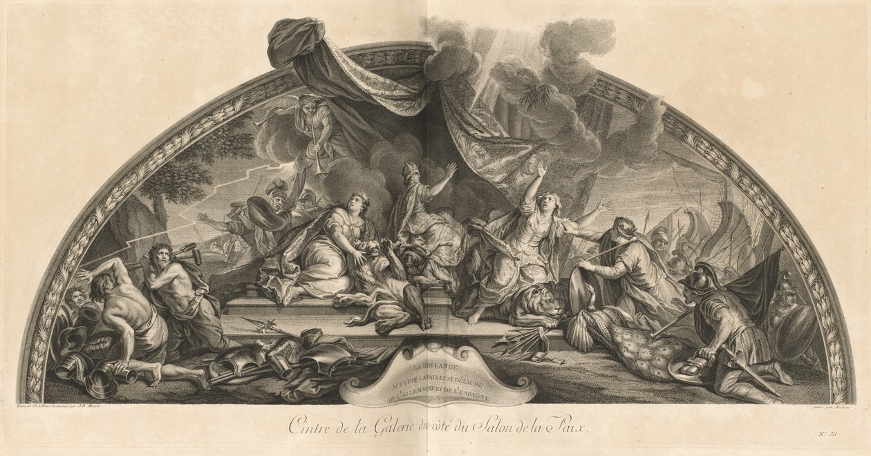 Holland aksepterer fred og løsriver seg fra Tyskland og Spania 1678, senter for galleriet ved siden av Salon de la Paix (Holland aksepterer fred og løsner seg fra Tyskland og Spania 1678, senter for galleriet ved siden av Salon of Peace) [pl. 33 av Jean Baptiste Masse
